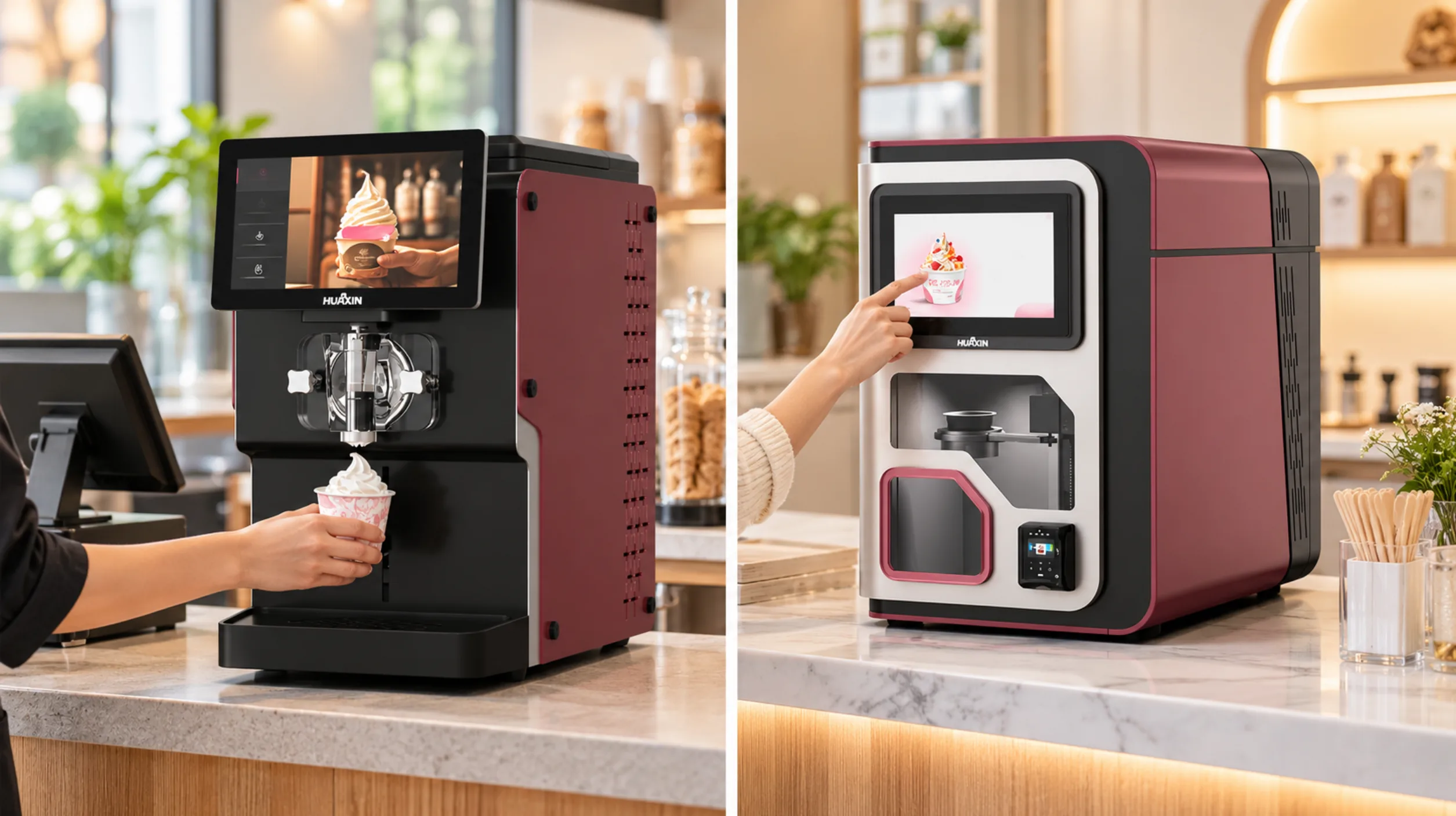 Easy 7 and Power 7 countertop ice cream machines shown in separate panels, not to scale